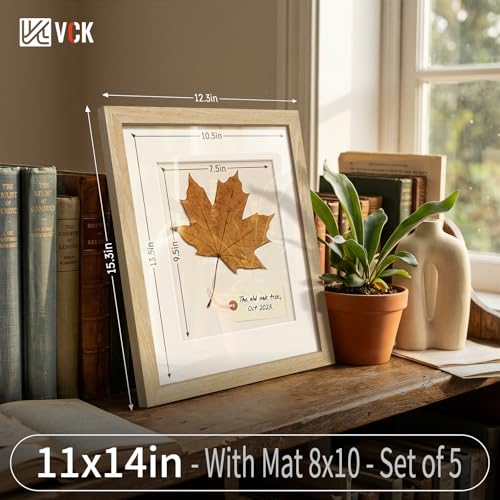 Image of VCK 11x14 Picture Frame 5 Pack, Natural Wood, 8x10 Mat, Glass, for Photo