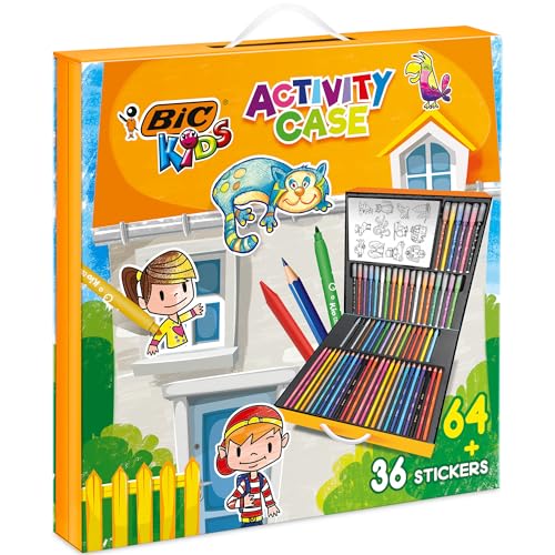 BIC Kids Activity Case, Maletín Creativo de 100 Piezas que incluye 24 Lápices, 24 Rotuladores, 16 Crayones y 36 Adhesivos. Incluye 36 stickers. Ideal para regalo, diversión asegurada.