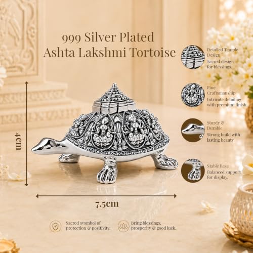 Image of DIVINITI 999 Silver Plated Ashta Lakshmi Tortoise with Sri Yantra Pyramid|Gift Box Included|Vastu & Feng Shui Showpiece for Wealth, Prosperity & Protection|Home, Office & Pooja Decor|7.5 x 4 cm