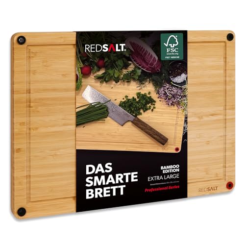 REDSALT® innovatives Bambus Holz Schneidebrett XL 50x36x2,5cm | beidseitig rutschfest antibakteriell tiefe Saftrille | Premium Holzbrett Groß für Küche Grill nachhaltig