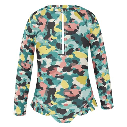 ALAZA Bright Yellow Black Green Camouflage Girls One Piece Swimsuit Long Sleeve Rash Guard Swimsuits UV 50+ Swimwear Zipper2