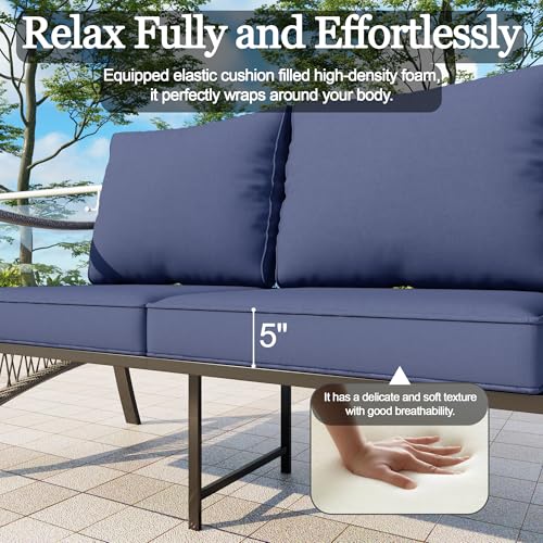 Image of 7 Pieces Patio Conversation Sets, All-Weather Metal Swivel Rocking Chairs with Rope Furniture Set, Outdoor Sofa Couch for Deck, Porch, Garden, Backyard, Poolside (Blue Cushions)