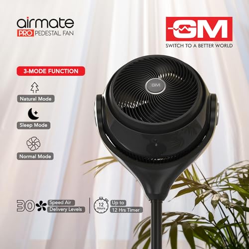 Image of GM Airmate Pro Pedestal Fan with Remote | Black| 230mm Sweep | BLDC Motor | 3D Oscillation | 30-Speed Control | Silent Operation | Timer | Adjustable Height | Powerful Cooling Fan