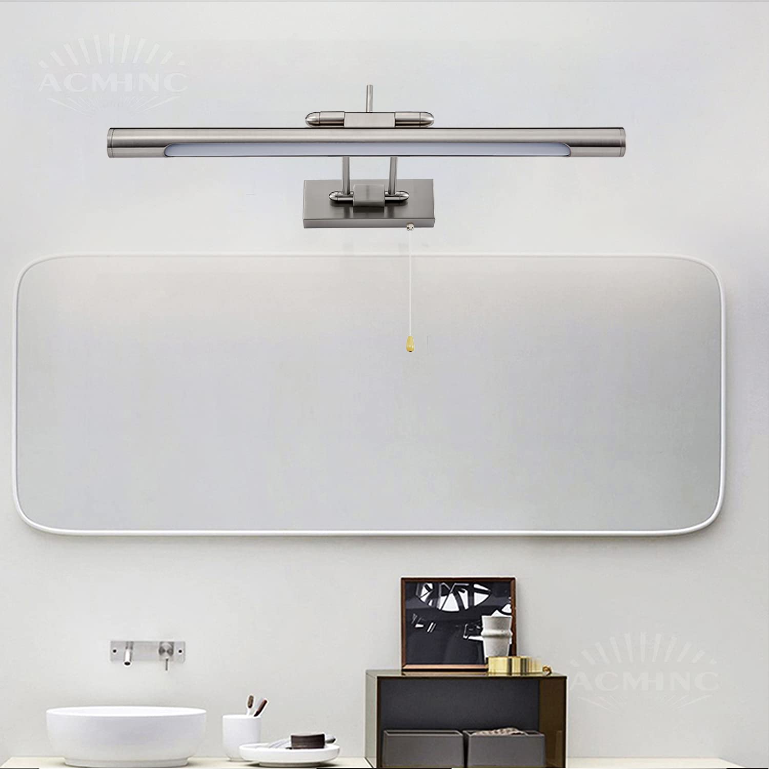 ACMHNC LED Spiegellampe Badezimmer Mit Schalter, Retro Bilderleuchte IP44 Bad Spiegelleuchte Mit Zugschalter, 4000K Wandleuchte Innen, Beschlagfrei, Schminklicht Für Spiegel Schminktisch,45cm/8w