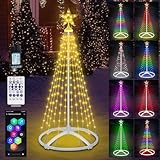 1.5M Luci Albero di Natale Smart con APP, 166LED Luci Albero Natale da Esterno con Stella,Conico RGB Multicolore,con Telecomando/APP per Decorazione Giardino e Balcone