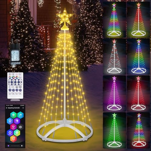 1.5M Luci Albero di Natale Smart con APP, 166LED Luci Albero Natale da Esterno con Stella,Conico RGB Multicolore,con Telecomando/APP per Decorazione Giardino e Balcone
