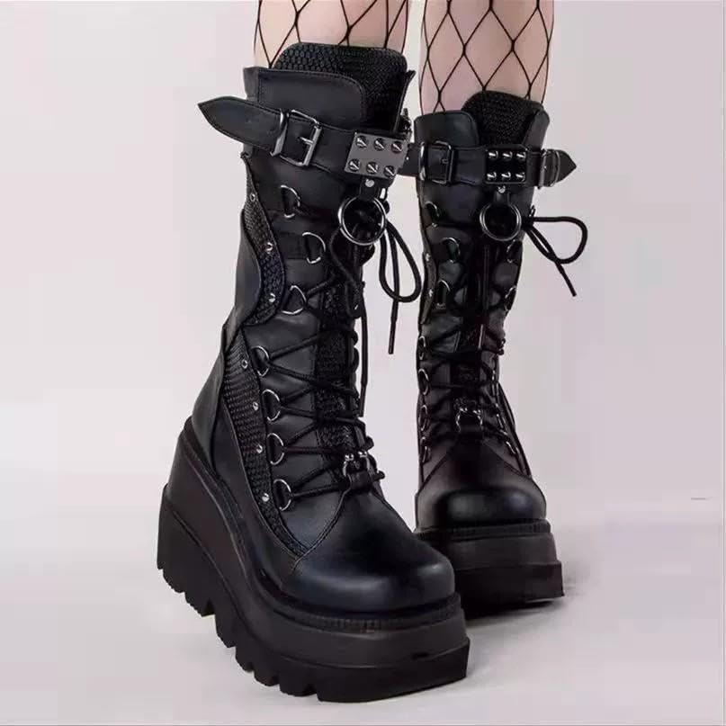 Women's Wedge-heeled Knight Boots European and American Style Large Size Punk Style Handsome Thick-soled Mid-calf Boots Women's Boots3