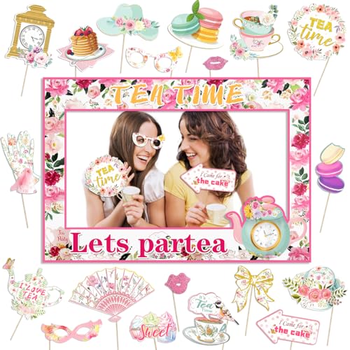 Tea Party Decorations, Floral Lets Partea Photo Booth Frame with 20 Pcs Photo Booth Props Garden Party Decorations for Women Tea Theme Bridal Shower Birthday Supplies