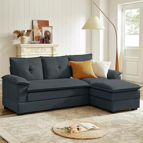 Chireca 82" Convertible Sectional Sofa, L-Shaped Comfy Cloud Couch with Reversible Chaise and Padded Armrests, Modern Polyester 3 Seat Sofa Couches for Living Room (Dark Grey) Cover