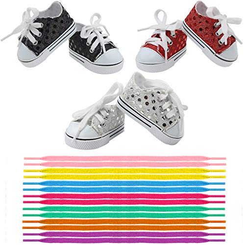 Fundolls FUND-035 18 Inch Doll Shoes, 3 Pairs Glitter Sequin Doll Sneakers Accessories Set Fit 18 Inch American Girl Dolls - Silver cover