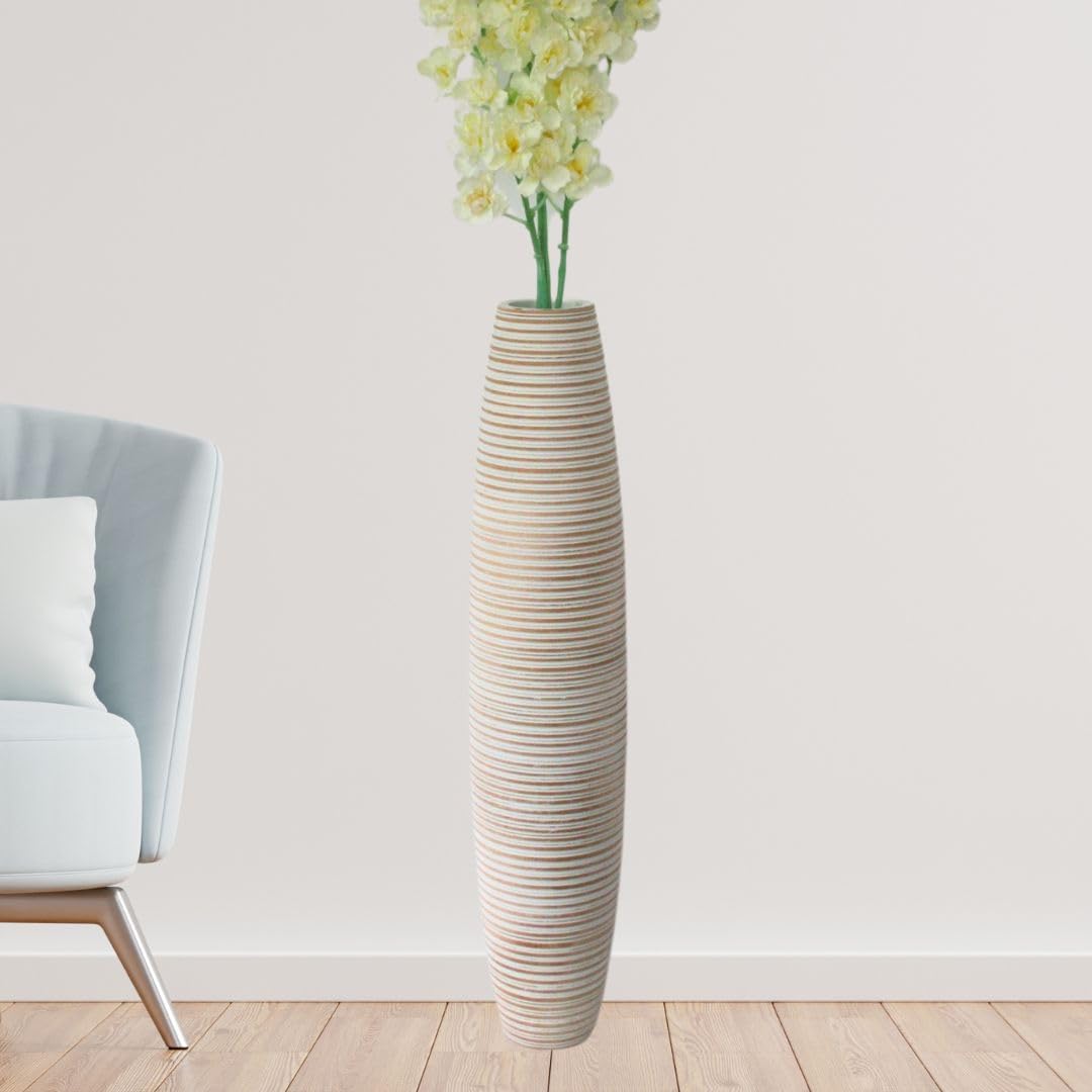 DESQUIGGLE White & Brown 28 Inches Mango Wood Floor Vase, Elegant Tall Floor Vase, Large Floor Vase, Floor Vases for Home Decor, Tall Vases for Floor, Floor Vases for Living Room Decor