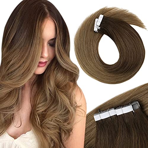 VeSunny Tape in Hair Extensions Brown Balayage 14inch 10pcs Real Human Hair Extensions Tape in #4 Dark Brown to #10 Golden Brown Mixed Golden Blonde Balayage Hair Extensions Tape in 25g