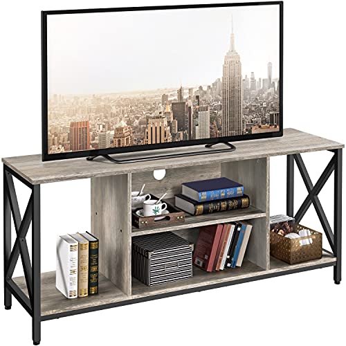 Yaheetech TV Stand for 65 inch TV, Wood TV Console Table for Living Room, 55″ Farmhouse Entertainment Center for Living Room and Bedroom, Gray