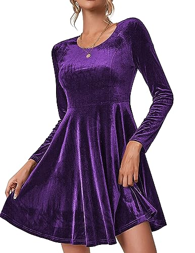 Zeagoo Robe de Soiree Femme Chic et Elegant Robe de Bal Élégante Velours Robe Manches Longues Robe Cocktail Col Rond Robe de fête Moulante Violet M