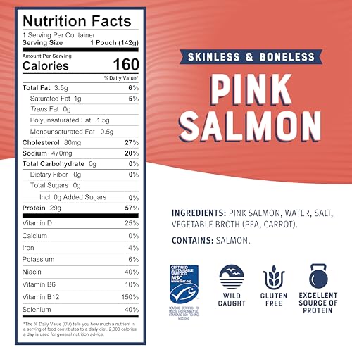 Image of Bumble Bee Wild Caught Pink Salmon Pouch, 5 oz (Pack of 12) | 29g Protein per Packet, Omega-3 Rich, Gluten Free, Keto Friendly, Skinless & Boneless, Ready to Eat