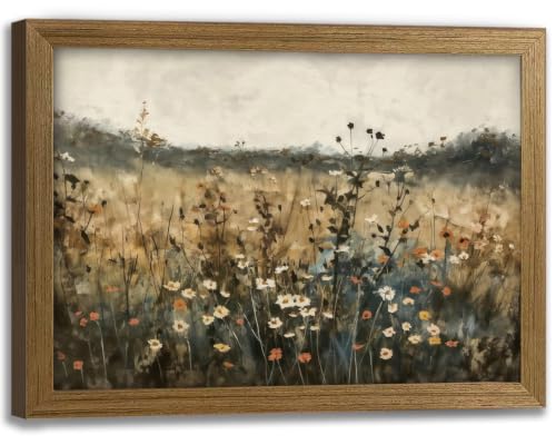 Framed Canvas Wall Art Wildflower Field Painting Poster Vintage Floral Picture Print Gallery Wrapped Artwork Rustic Nature Wall Decor 8x10 Inch