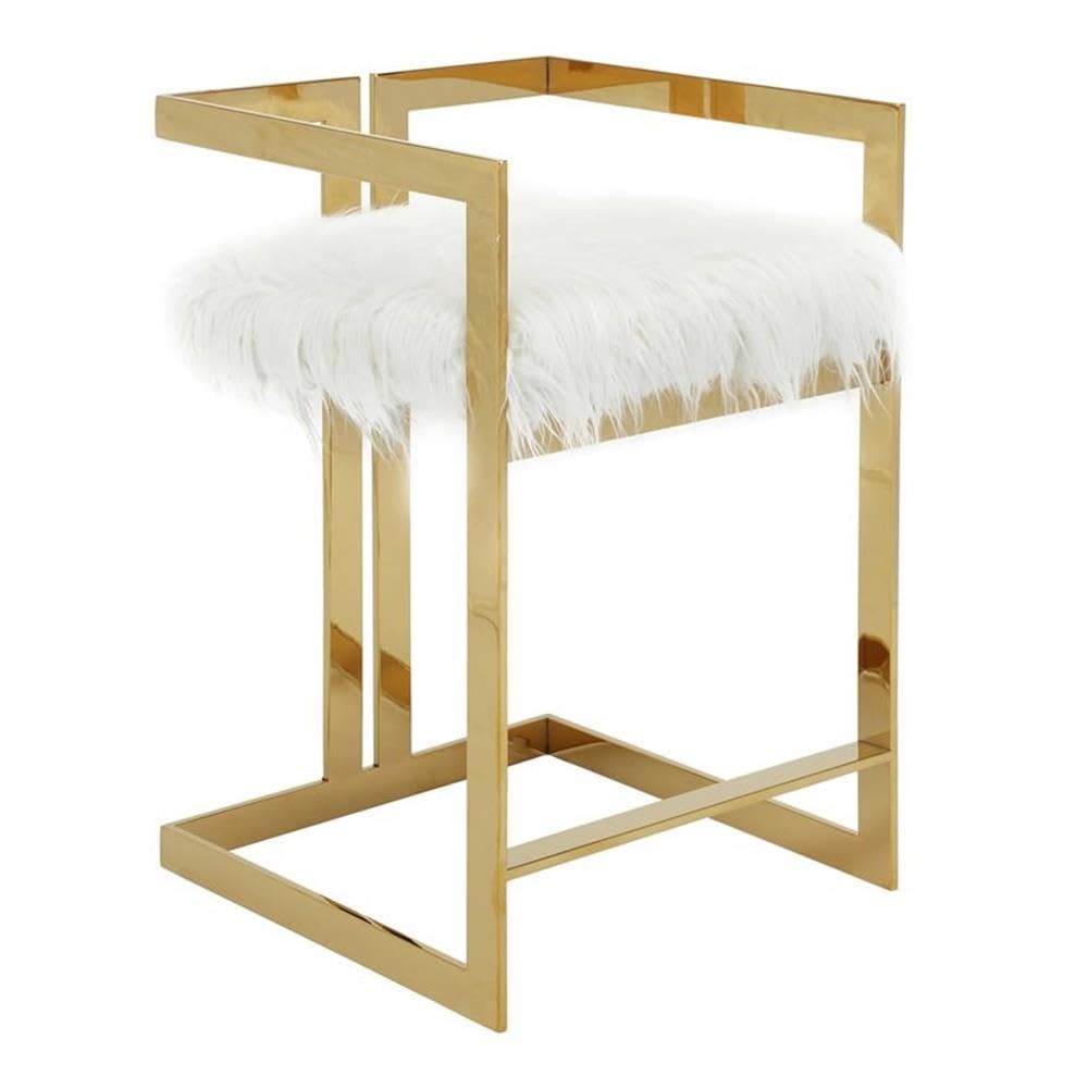 Kenzie 23.6" Stainless Steel & Faux Fur Counter Stool in White/Gold