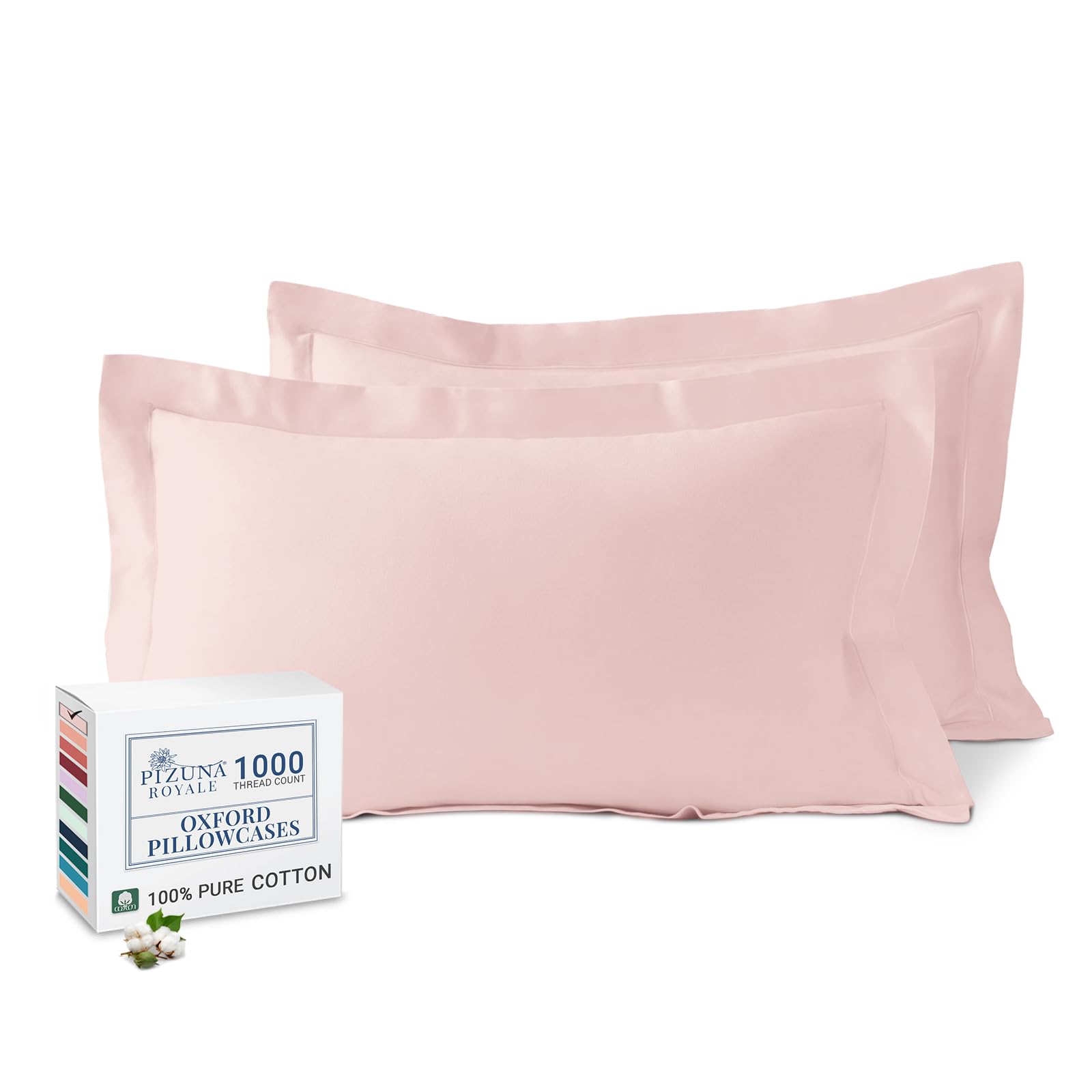 Pizuna Light Pink Luxurios Cotton King Size Oxford Pillowcases 2 Pack 50X90cm, 1000 Thread Count Long Staple Combed Cotton Thick Pillow Cover, Soft Sateen King Pillow Cases (Cooling Pillowcase)