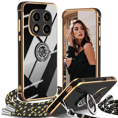 IBETEK Funda con Cuerda para Xiaomi Redmi Note 14 Pro+ Plus 5G Carcasa, Glitter Suave Silicona TPU de Galvanoplastia Carcasa con 360 Grados Corazón Soporte Ring, Anti-Choque Anti-Rasguño Case- Negro