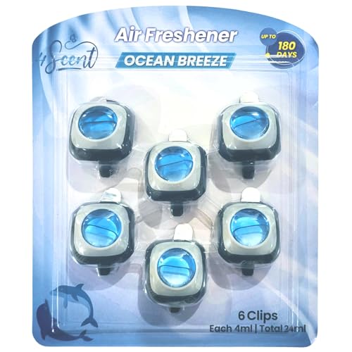 4SCENT Car Air Fresheners Vent Clip | Scented Car Accessories for Men and Women | Car Odor Eliminator with Essential Oil | Long-Lasting Fragrance up to 180 Days | 6 count 4 ml Each | Ocean Breeze