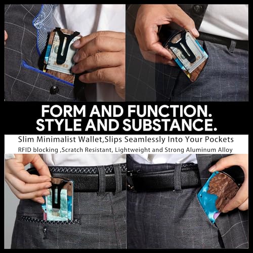 Image of Minimalist Wallet for Men, Slim Metal RFID Blocking Wallet Credit Card Holder Money Clip & Cash Strap, Scratch-Resistant Holds 15 Cards,Ideal Gift for Men | Resin Wood, Unique Pattern ,Light Blue