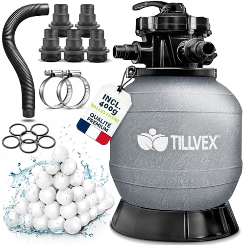 tillvex® Filtre à Sable pour Piscine sans Pompe + Billes filtrantes jusqu'à 21 m³ (21.000 litres) | Cuve Filtre Piscine INCL. Adaptateur Ø32-38mm | Vanne...
