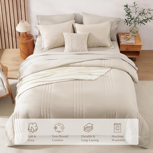 Monbix Queen Comforter Set - 7 Pieces Beige Bed in a Bag Queen Bedding Sets with Comforters, All Seasons Comforter Bed Set with Sheets,Pillowcases & Shams - Image 4