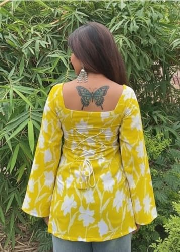 Image of MAHIRA'S Women's Short Kurti, Black Rayon Tunic Top with Embroidered Sleeves, 3 /4 Designer Sleeves