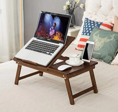Image of WOOYNEX Wooden Laptop Table Standard Adjustable Study Table with Laptop, Portable Lap Desk, Multifunctional Bed Table with Drawer and Folding Legs (Walnut)
