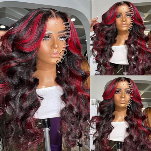 JPIKAQIU Red Highlight Synthetic Lace Front Wig 24 Inch Body
