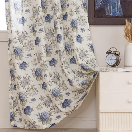 Image of Clasiko Block Print Sheer Window Curtains 40% Light Filtering Linen Textured Curtains with Eyelets | Set of 2 | 54x60 Inches / 5 Feet | Twilight Bloom
