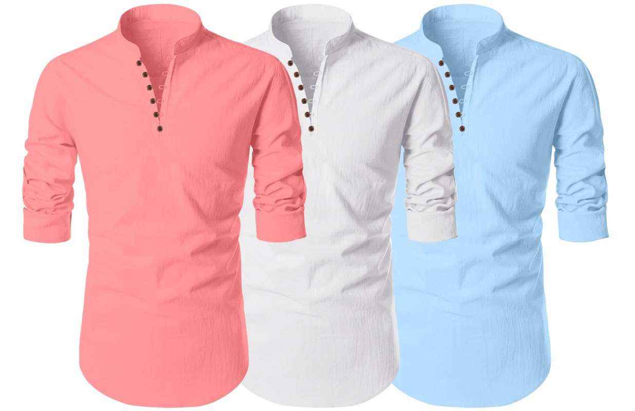 finivo fashion Men's Cotton Blend Regular Fit Solid Casual Kurta Shirt Pack of 3-picture-17