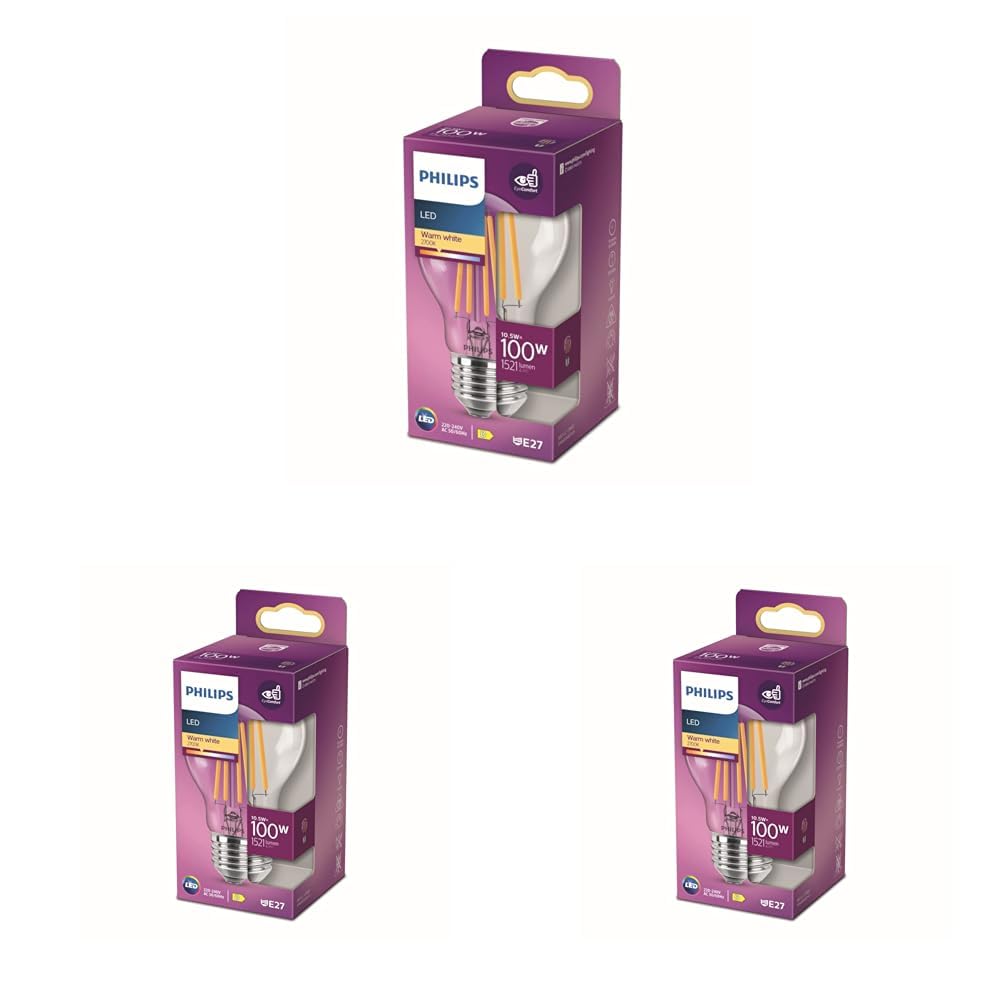 Philips LED Classic 100W A67 Filament Ampul, 2700 Sarı Işık, E27 Normal Duy, Dim Edilmez 3lü paket