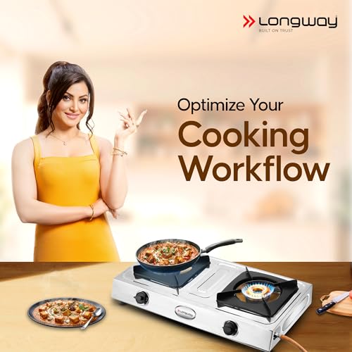 Image of Longway Stellar Stainless Steel Top, 2 Burner Manual Ignition Stainless Steel Gas Stove (Silver, ISI Certified, 2 Year Warranty)