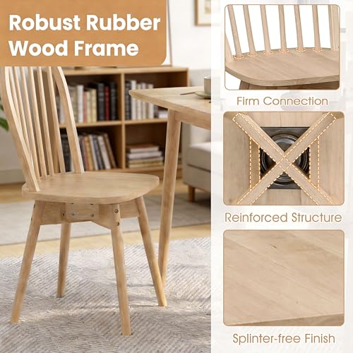 Image of COSTWAY Swivel Windsor Dining Chairs Set of 4 with Spindle Back, Natural | Solid Rubber Wood, Armless Kitchen Chair with Tilt Back, Mid-Century Modern Side Chairs for Dining Room, Kitchen, Restaurant