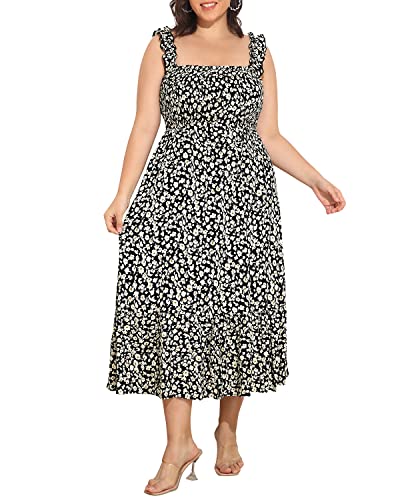 Image of Plus Size Summer Dress - Sun Boho Beach Casual Floral Spaghetti Strap Sleeveless Long Maxi Dresses