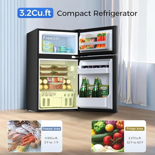 Image of Kismile Mini Fridge with Freezer, 3.2 Cu.Ft Compact Mini Refrigerator with Double 2 Door, Adjustable Temperature, Full Size for Bedroom /Apartment /Office /Dorm, Black