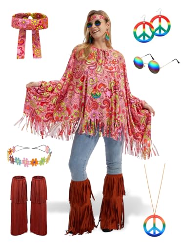 Geehora Traje hippie de mulher completo, poncho Flower Power anos 70, com franjas e acessórios para carnaval e festa temática (B)