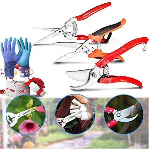 Kynup 3Packs Garden Shears, Garden Tools for Shears Pruner Stainless Steel Blades Handheld Pruners Set with Gardening Gloves