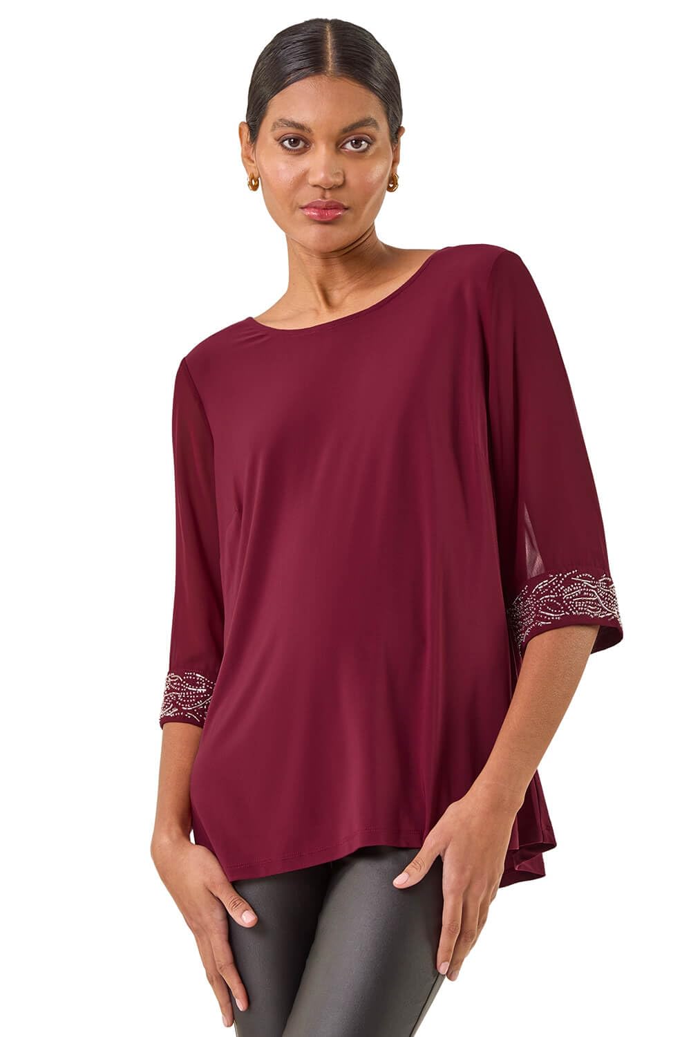 Roman Women's Red Embellished Cuff Chiffon Top Size 20