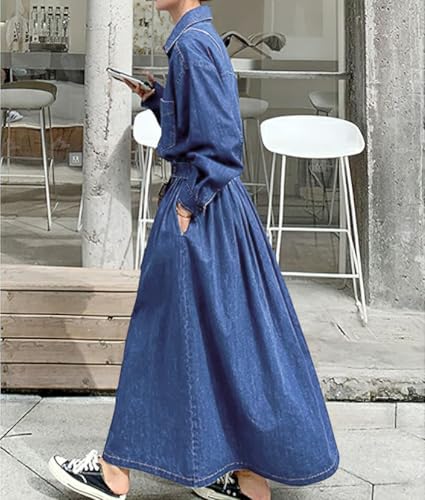 chouyatou Women's Long Sleeve Denim Shirt Dress Button Down Lapel Business Casual Maxi Long Jean Dress4
