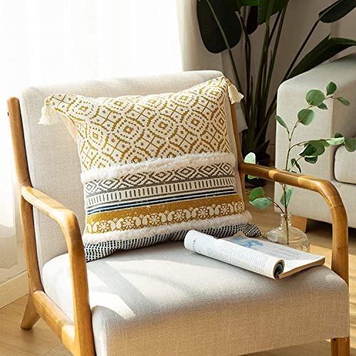 Image of Modern Homes - Feel the Difference Boho Tufted Decorative Throw Pillow Covers /Moroccan Style Cushion Covers with Tassels, Accent Decor Pillow (Yellow, 16X16 Inch)(Cotton), 250 TC