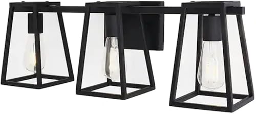 Home Decorators Hazel Heights - Lámpara de tocador de baño rústica de 24 pulgadas, 3 luces color negro