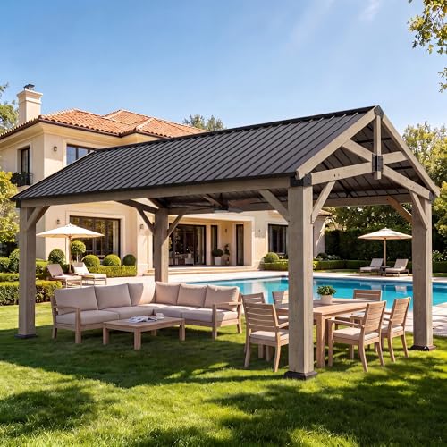 Aoxun 12 x 16 Outdoor Wood Gazebo Permanent Cedar Wooden Pavilion with Galvanized Steel Hardtop Gable Roof Heavy Duty Patio Gazebo for Garden Backyard Deck Lawn and Outdoor Living Space