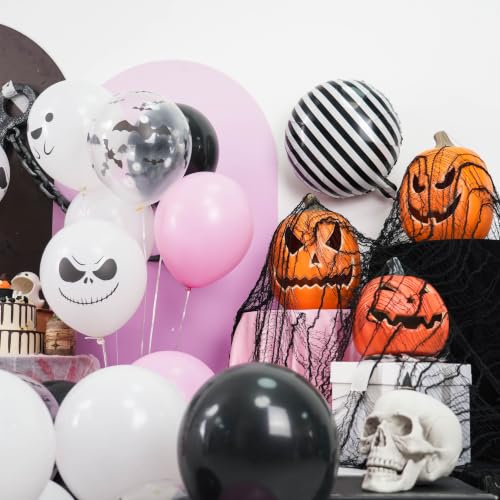 Image of Pink Black Halloween Balloons with Bat, Ghost Prints Stripe foil Balloon