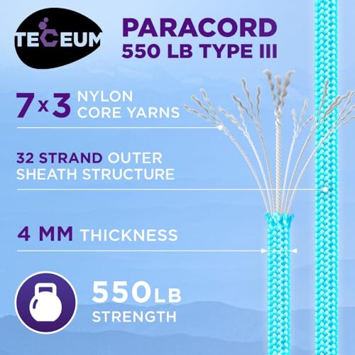 Image of TECEUM Reflective Paracord Rope 1000 - 1000ft /200ft /100ft /50ft - 40+ Colors - Glow in the Dark - para Cord - Utility Rope for Survival, Hunting & Camping Gear - Nylon String, Camping Rope, Tent Cord