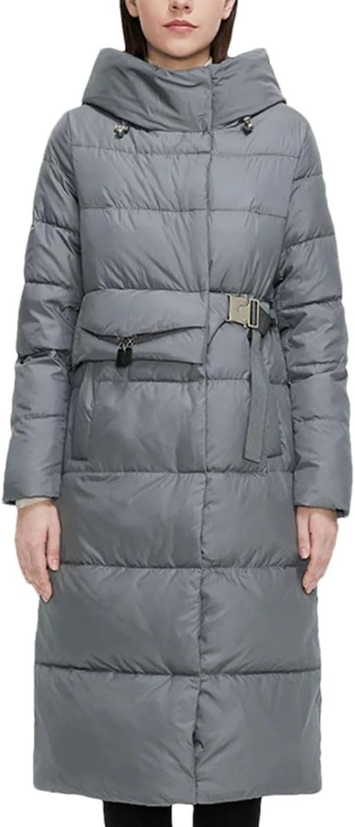 Women's Down Jacket Long Stylish Winter Jacket Belt Pocket Parka