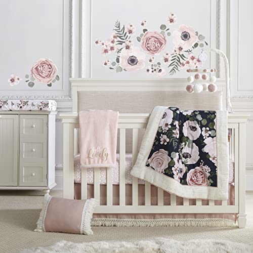 Image of Levtex Baby - Fiori Crib Bed Set - Baby Nursery Set - Floral - Charcoal, Coral, Pink, Green, Cream - Bold Floral - 4 Piece Set Includes Quilt, One Fitted Sheet, Wall Decal & Skirt /Dust Ruffle