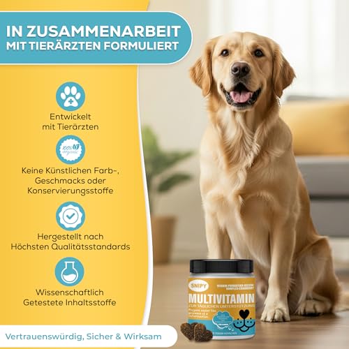 Multivitamine für Hunde – 100 Soft Snacks mit Probiotika, Vitaminen, Omega-3 & Grünlippmuschel, SNIPY Premium, Fell, Gelenke & Vitalität