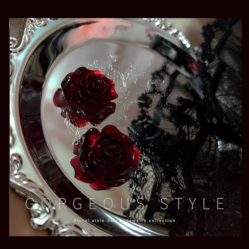 925 Silver rose earrings, beautiful blooming carved Red flowers earrings small resin for female teen mother2